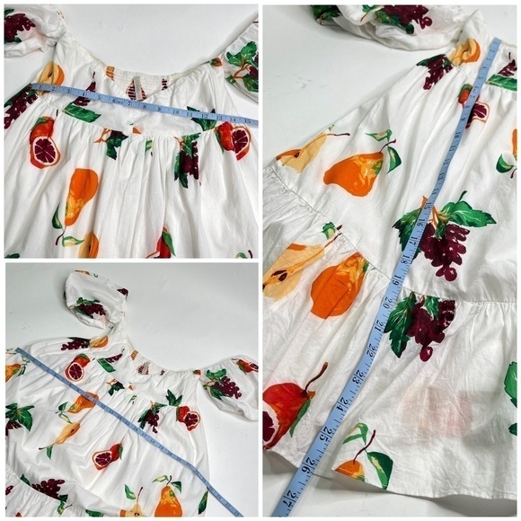 RARE Urban Outfitters White Fruit Off Shoulder Puff Sleeve Babydoll Mini Dress - Picture 15 of 16